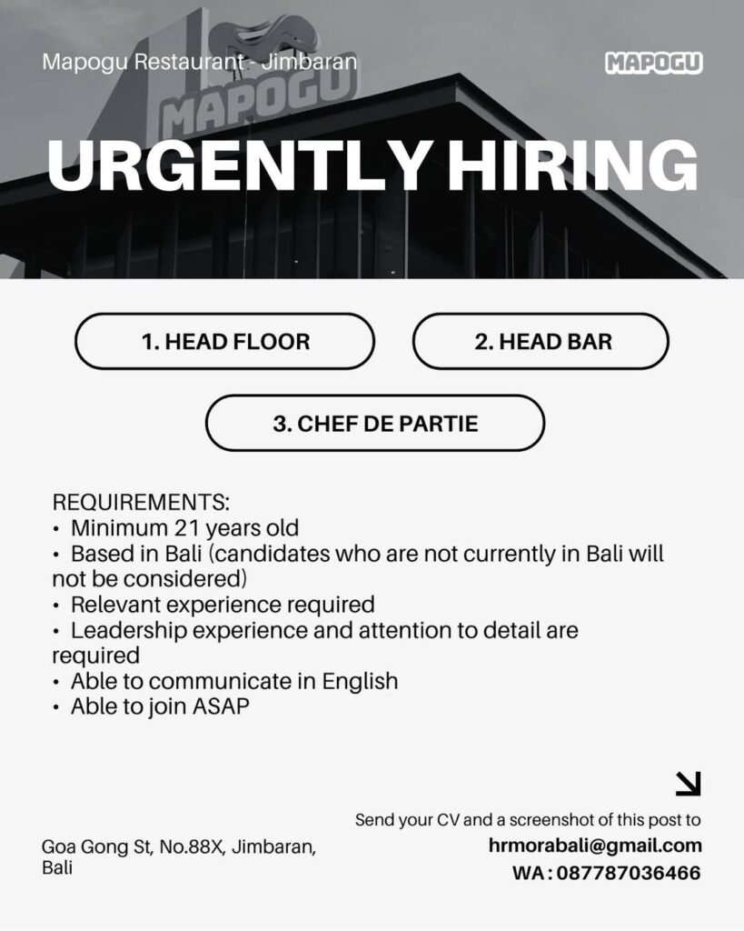 Lowongan Pekerjaan Head Floor, Head Bar, & CDP di Mapogu Restaurant Jimbaran