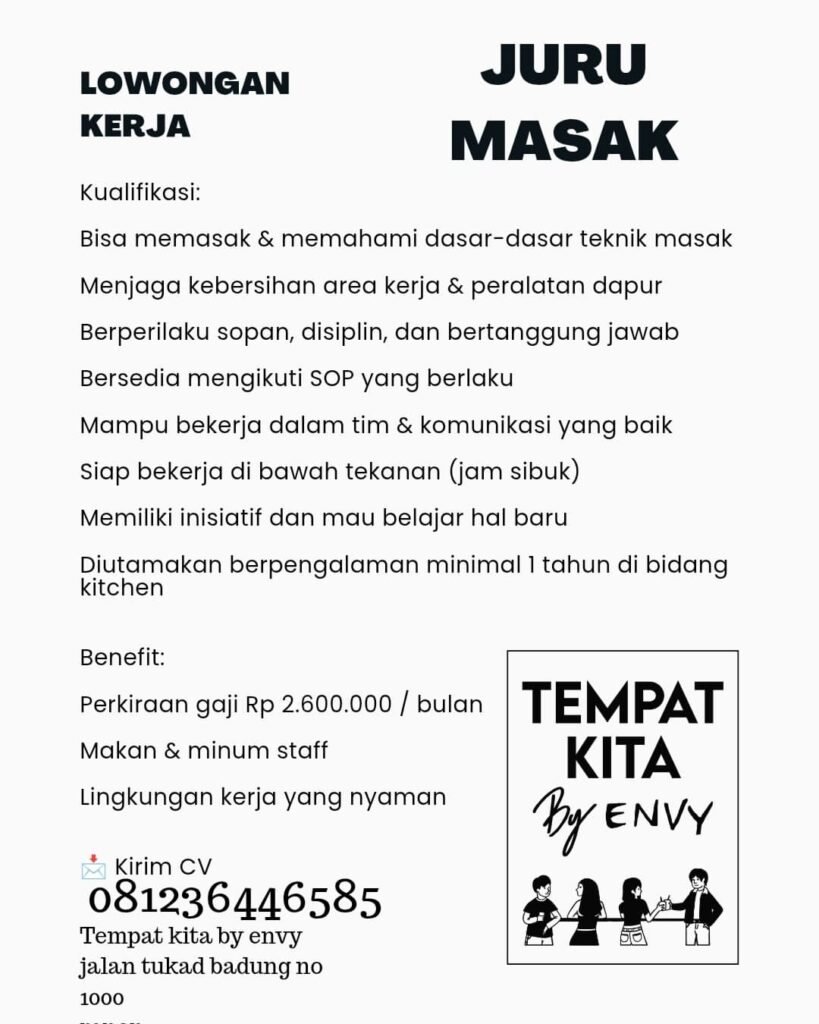 Lowongan Pekerjaan Juru Masak di Tempat Kita By Envy Denpasar