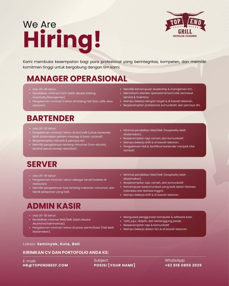 Lowongan Pekerjaan di Top End Grill Seminyak