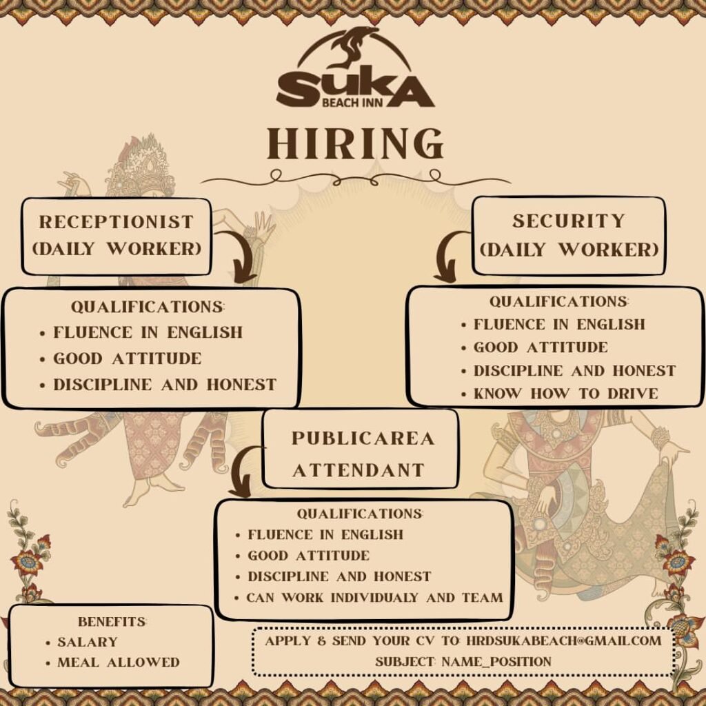 Lowongan Pekerjaan Receptionist, Security, & Public Area di Suka Beach Inn
