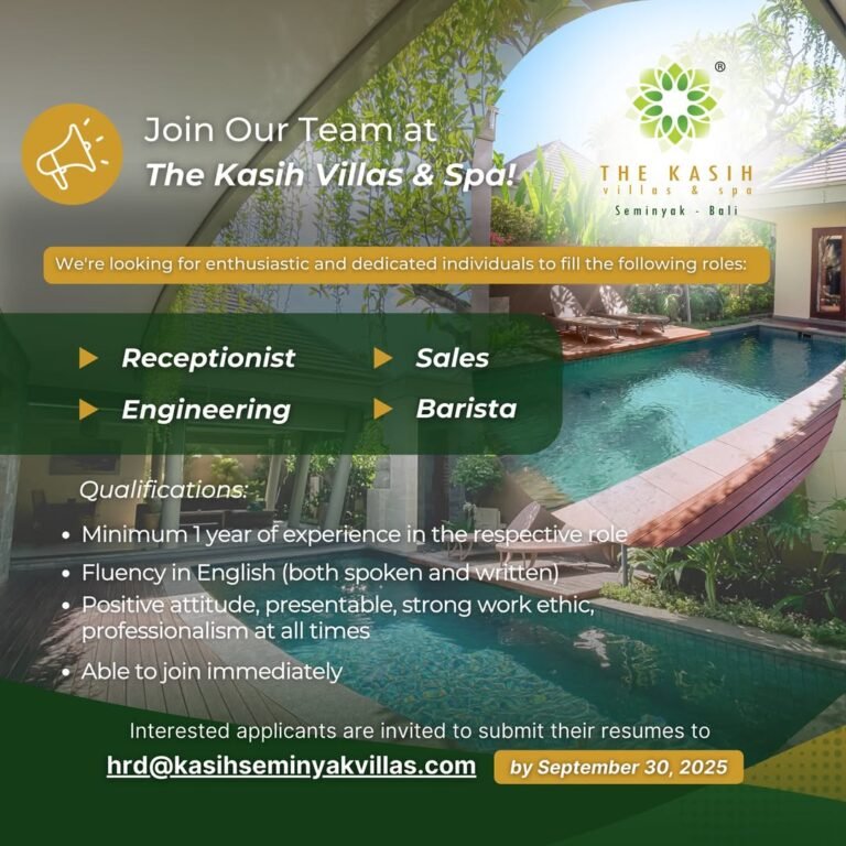 Lowongan Pekerjaan Receptionist, Sales, Engineering, & Barista di The Kasih Villas & Spa Seminyak