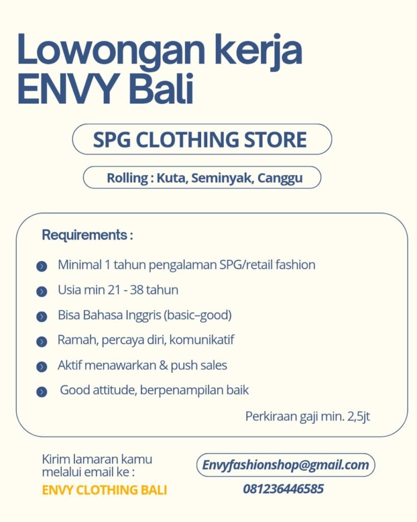 Lowongan Pekerjaan SPG Clothing Store di Envy Clothing Bali (Kuta, Seminyak, Canggu)