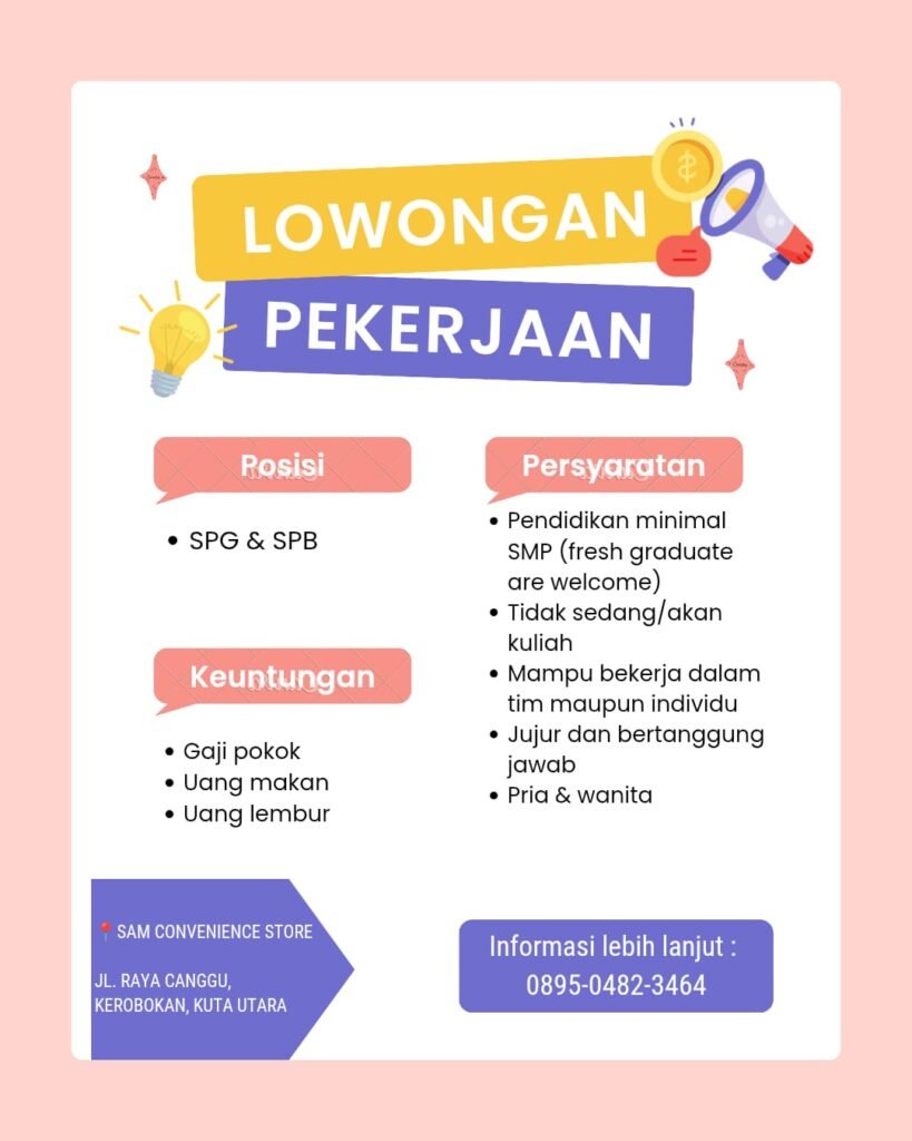 Lowongan Pekerjaan SPG & SPB di Sam Convenience Store Canggu