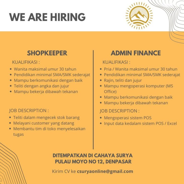 Lowongan Pekerjaan Shopkeeper & Admin Finance di Cahaya Surya Denpasar
