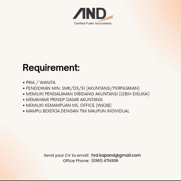 Lowongan Pekerjaan Staff Accounting di AND Certified Public Accountants Bali