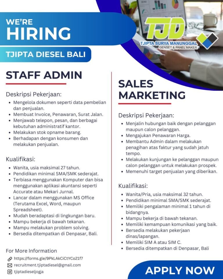 Lowongan Pekerjaan Staff Admin & Sales Marketing di Tjipta Diesel Bali