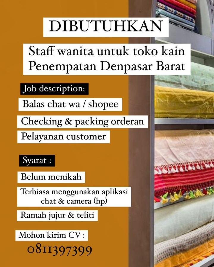 Lowongan Pekerjaan Staff Toko Kain di Denpasar Barat