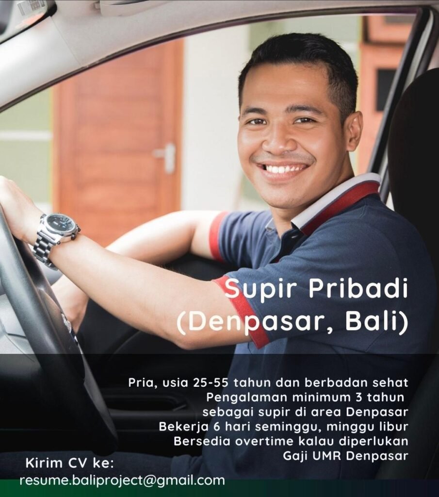 🌟 WE ARE HIRING! 🌟 POSISI: ✅ Supir Pribadi KUALIFIKASI: ✅ Pria, usia 25-55 tahun ✅ Berbadan sehat ✅ Pengalaman minimum 3 tahun sebagai supir di area Denpasar ✅ Bekerja 6 hari seminggu (Minggu libur) ✅ Bersedia overtime jika diperlukan BENEFIT: ✅ Gaji UMR Denpasar Kirim CV ke: 📧 resume.baliproject@gmail.com
