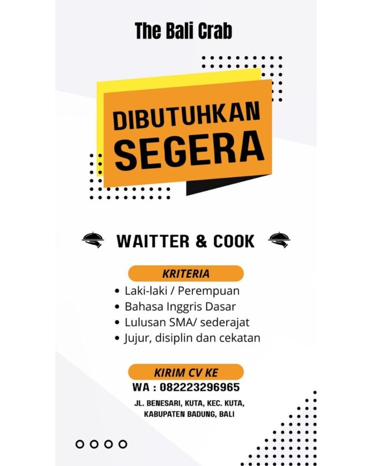 🌟 DIBUTUHKAN SEGERA! 🌟 POSISI: ✅ Waiter ✅ Cook KUALIFIKASI: ✅ Laki-laki / Perempuan ✅ Bahasa Inggris Dasar ✅ Lulusan SMA/ sederajat ✅ Jujur, disiplin dan cekatan Kirim CV ke: 📞 WA: 0822-2329-6965 📍 Lokasi: Jl. Benesari, Kuta, Kec. Kuta, Kabupaten Badung, Bali