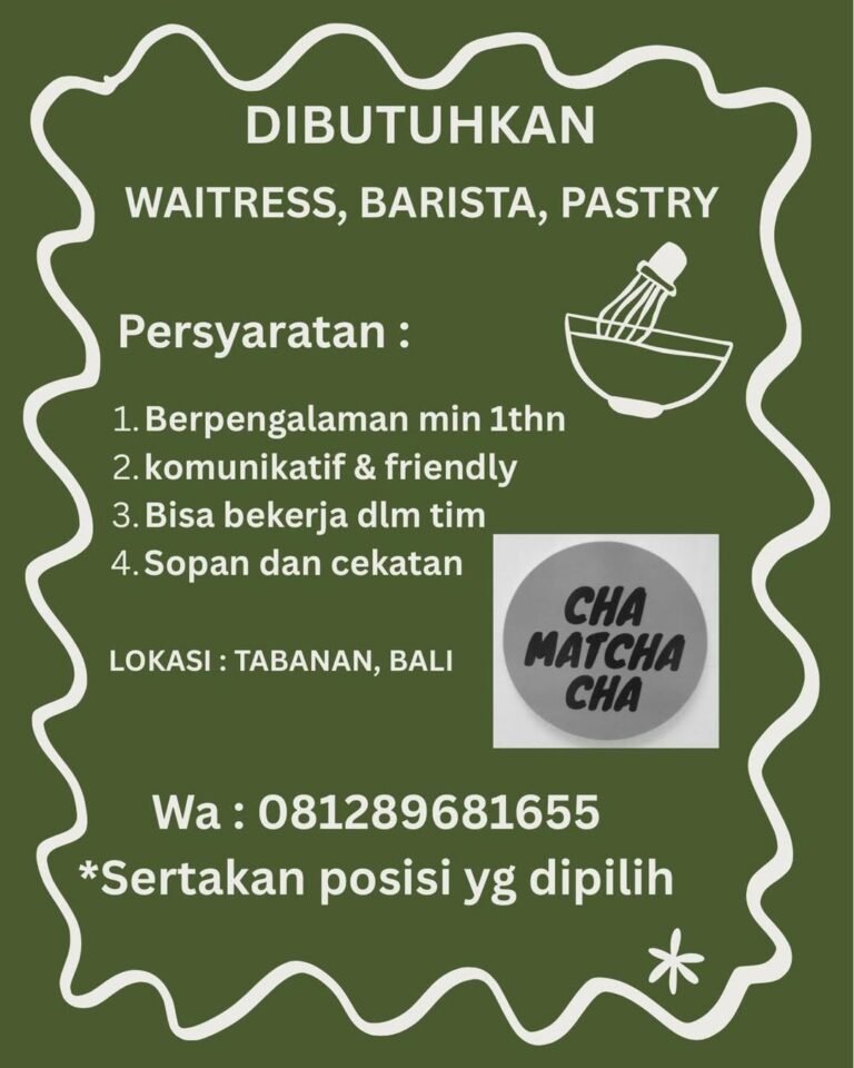 Lowongan Pekerjaan Waitress Barista & Pastry di Cha Matcha Cha Tabanan
