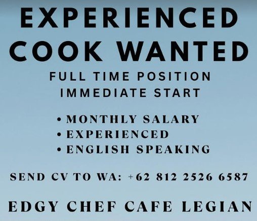 Lowongan Pekerjaan Cook di Edgy Chef Cafe Legian