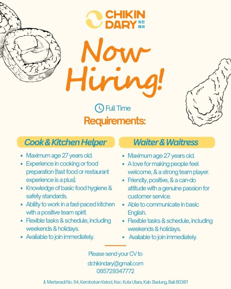 Lowongan Pekerjaan Cook, Kitchen Helper, & Waiter/Waitress di Chikin Dary Kerobokan