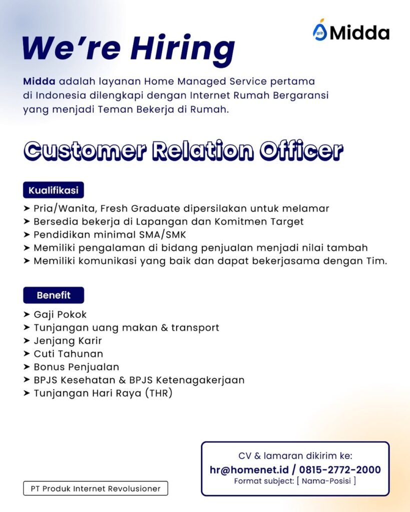 Lowongan Pekerjaan Customer Relation Officer di Midda