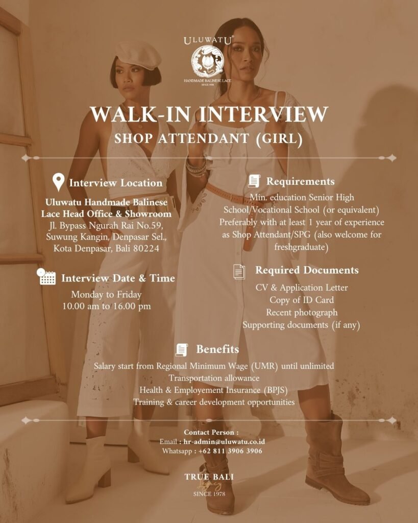 Lowongan Pekerjaan Shop Attendant di Uluwatu Handmade Balinese Lace Denpasar