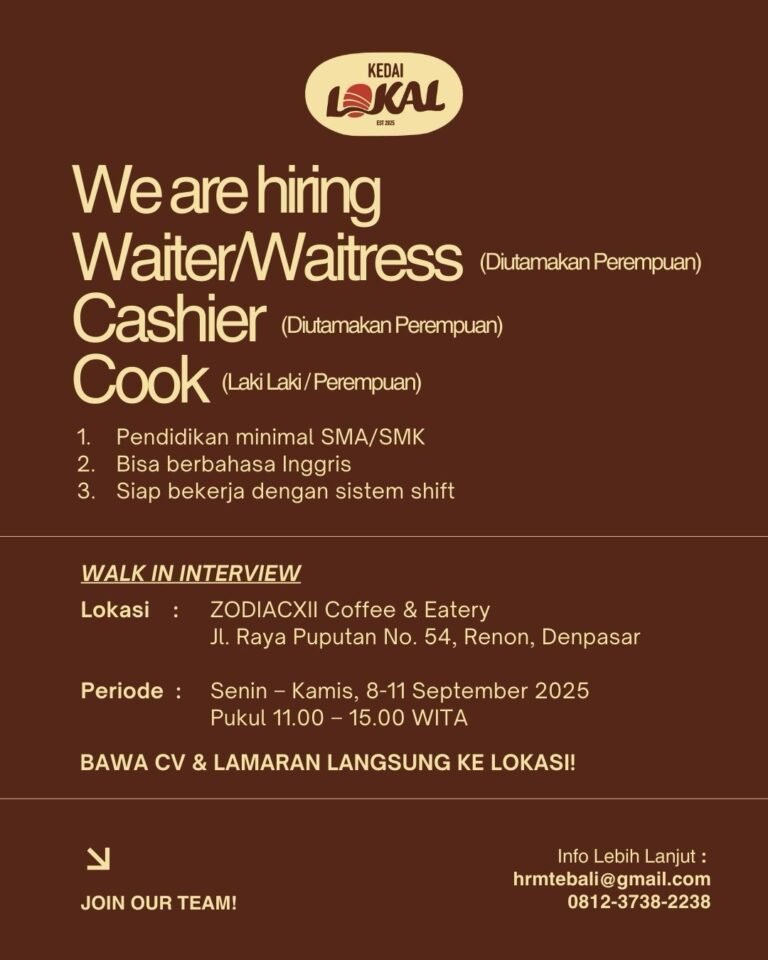 Lowongan Pekerjaan Waiter, Cashier, & Cook di Kedai Lakal Renon