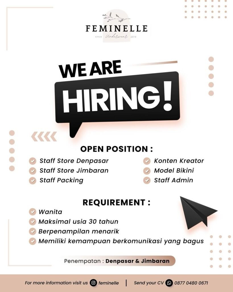 Lowongan Pekerjaan Staff Store, Konten Kreator, Model, dll di Feminelle Denpasar & Jimbaran