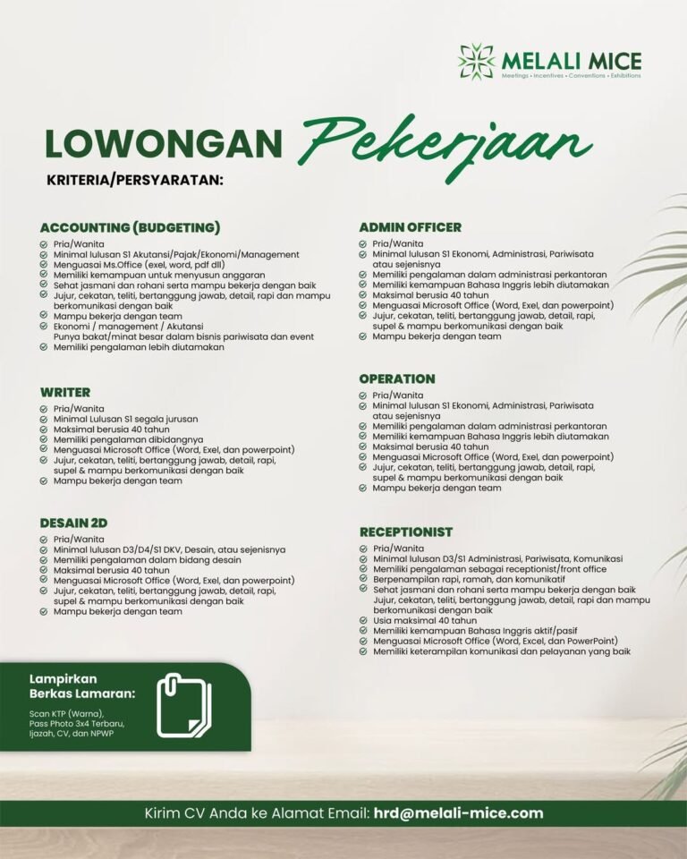 Lowongan Pekerjaan Accounting, Admin, Writer, dll di Melali MICE Bali