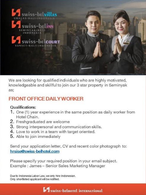 Lowongan Pekerjaan Front Office di Swiss-Belhotel Seminyak