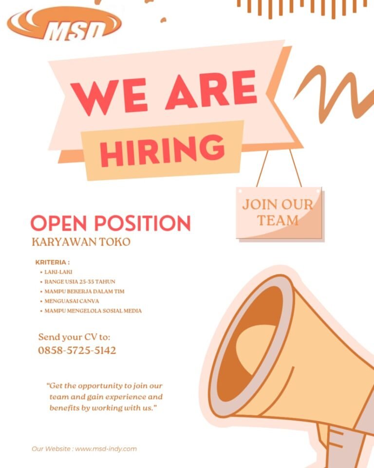 🌟 WE ARE HIRING! 🌟 POSISI: ✅ Karyawan Toko KUALIFIKASI: ✅ Laki-laki ✅ Usia 25-35 tahun ✅ Mampu bekerja dalam tim ✅ Menguasai Canva ✅ Mampu mengelola sosial media Kirim CV & Lamaran ke: 📞 WhatsApp: 0858-5725-5142 Informasi lebih lanjut: Website: www.msd-indy.com