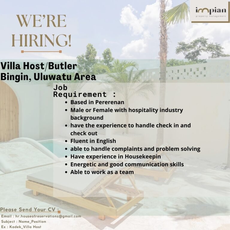 Lowongan Pekerjaan Villa Host, Housekeeping, Developer, dll di Icopian Bali