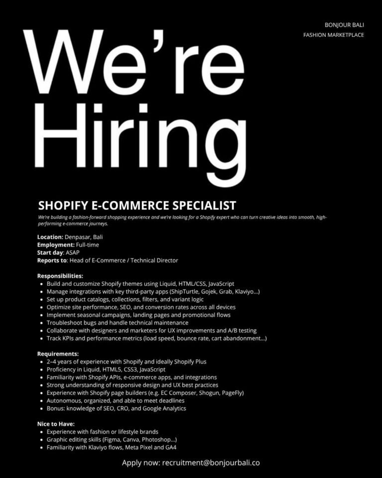 Lowongan Pekerjaan Shopify Specialist, Office Assistant, Security, dll di Bonjour Bali Denpasar