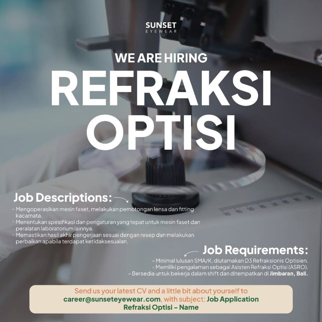 Lowongan Pekerjaan Refraksi Optisi di Sunset Eyewear Jimbaran