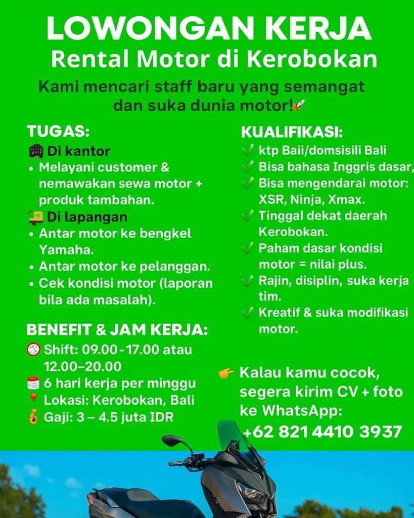 Lowongan Pekerjaan Staff Rental Motor di Kerobokan