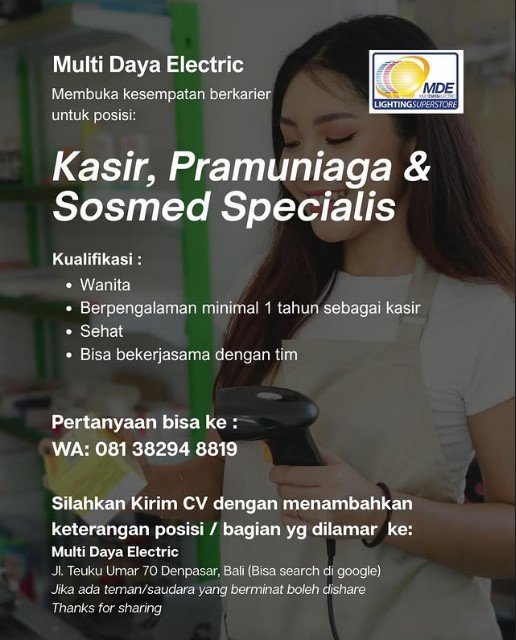 Lowongan Pekerjaan Kasir, Pramuniaga & Sosmed Specialist di Multi Daya Electric Denpasar