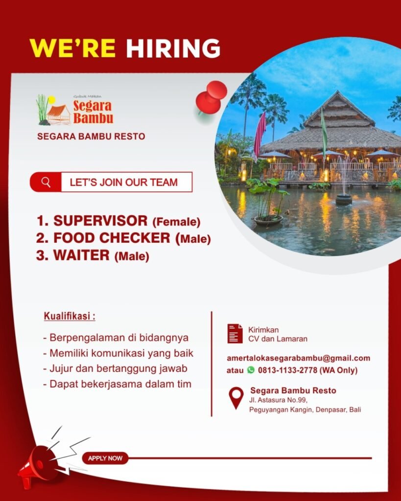 Lowongan Pekerjaan Supervisor, Food Checker, & Waiter