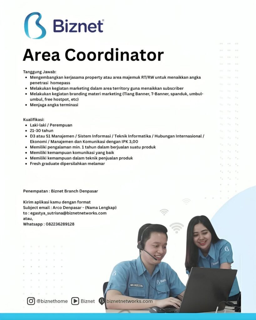 Lowongan Pekerjaan Area Coordinator di Biznet Denpasar