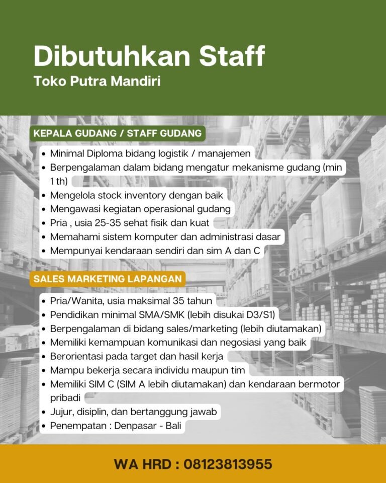 Lowongan Pekerjaan di Toko Putra Mandiri Denpasar