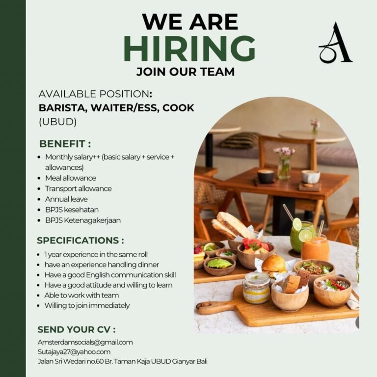 Lowongan Pekerjaan Barista, Waiter, & Cook di Ubud