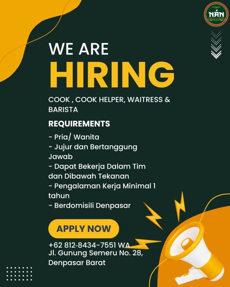 Lowongan Pekerjaan Cook, Waitress, & Barista di NÁ N Denpasar