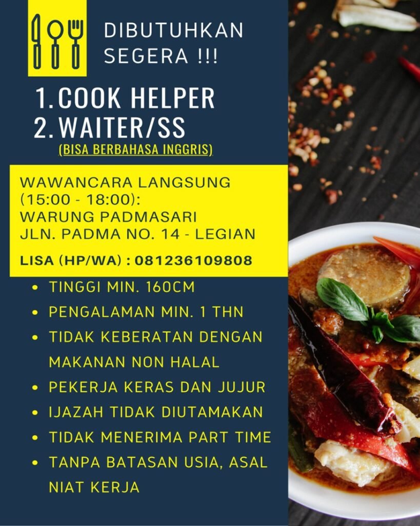 Lowongan Pekerjaan Cook Helper & Waiter di Warung Padmasari Legian