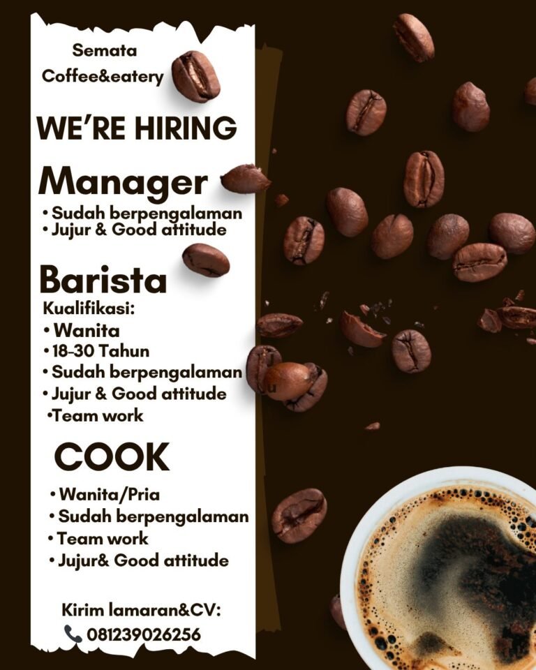 Lowongan Pekerjaan Manager, Barista, & Cook di Semata Coffee & Eatery