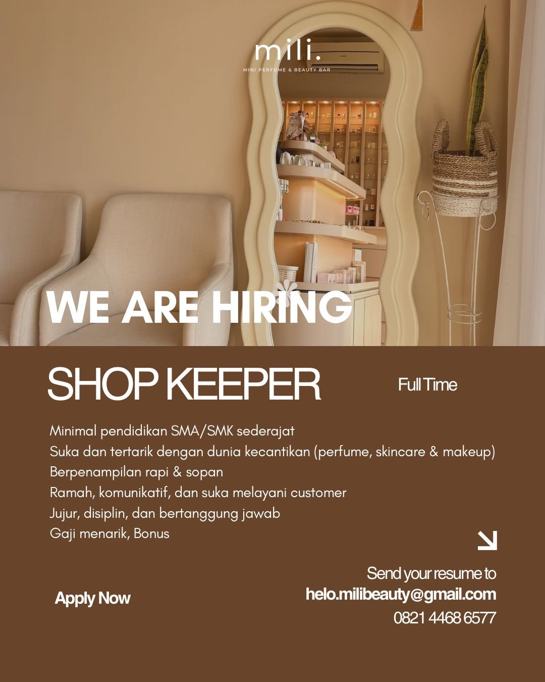 Lowongan Pekerjaan Shop Keeper di Mili. Beauty Bar Bali