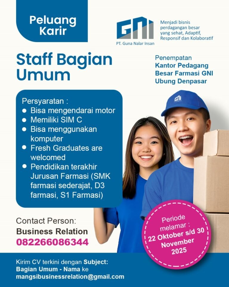 Lowongan Pekerjaan Staff Bagian Umum di PT. Guna Nalar Insan Denpasar