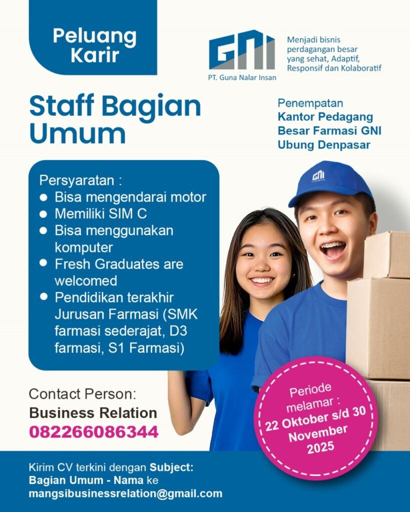 Lowongan Pekerjaan Staff Bagian Umum di PT. Guna Nalar Insan Denpasar