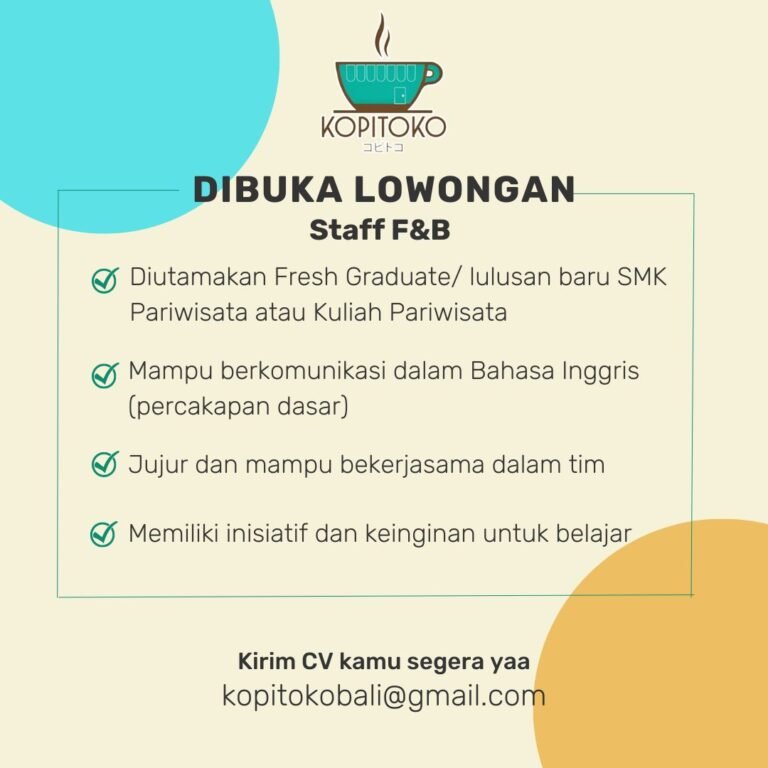 Lowongan Pekerjaan Staff F&B di Kopitoko Bali