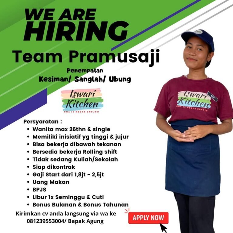 Lowongan Pekerjaan Team Pramusaji di Iswari Kitchen (Kesiman/Sanglah/Ubung)