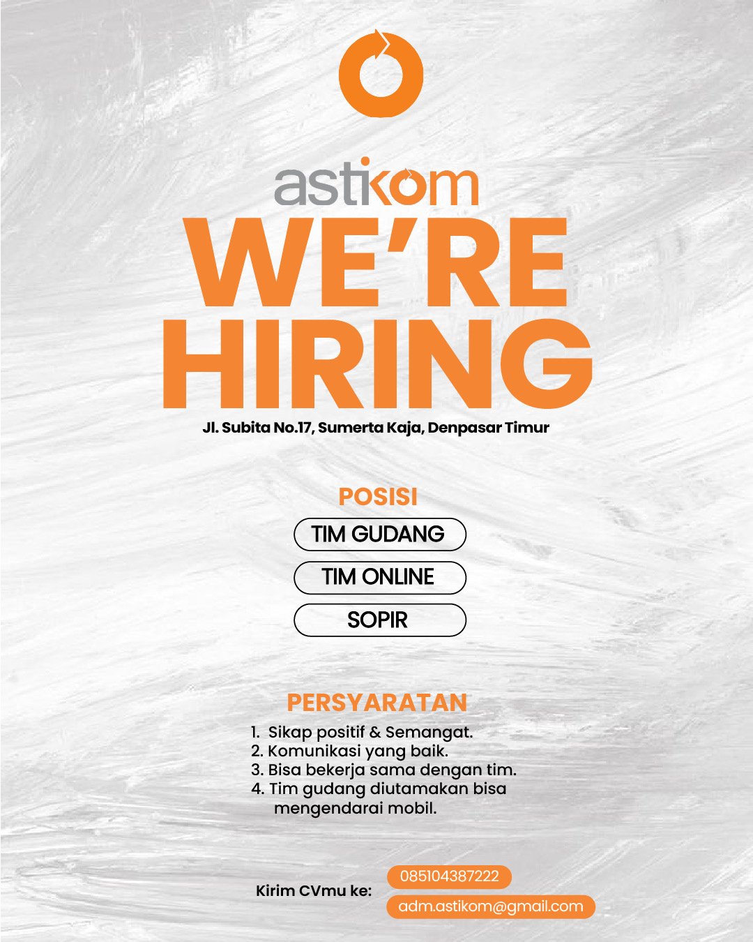 Lowongan Pekerjaan Tim Gudang, Tim Online, & Sopir di Astikom Denpasar