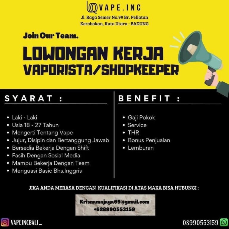 Lowongan Pekerjaan Vaporista/Shopkeeper di VAPE.INC Badung