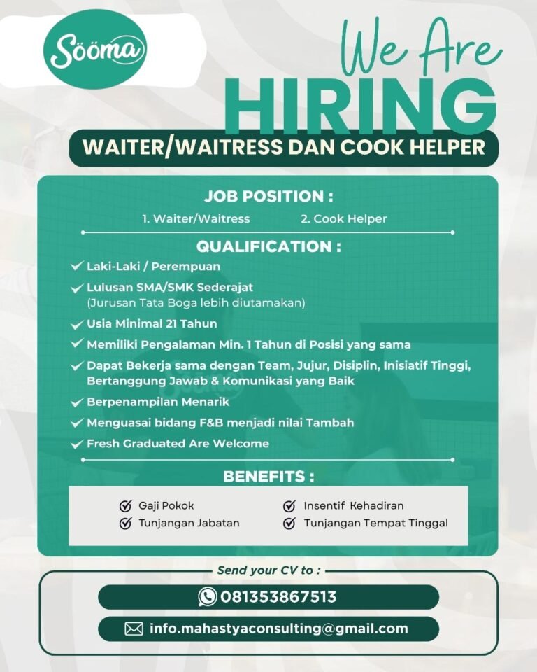 Lowongan Pekerjaan Waiter/Waitress & Cook Helper di Sööma