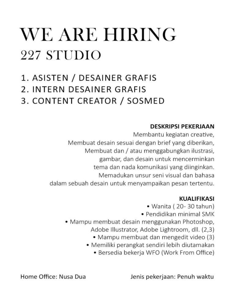 Lowongan Pekerjaan 227 Studio Nusa Dua