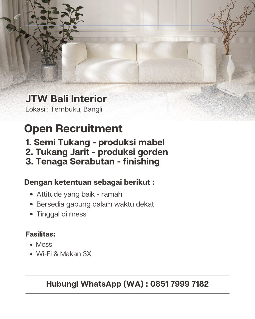 Lowongan Pekerjaan JTW Bali Interior Bangli