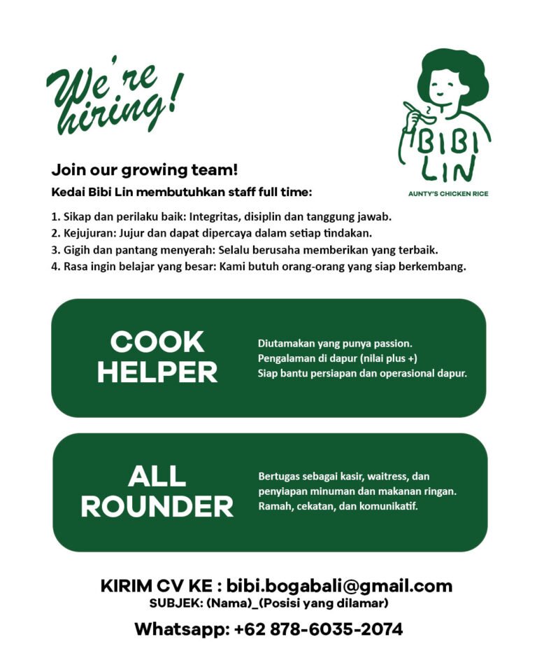 Lowongan Pekerjaan Cook Helper & All Rounder di Bibi Lin Bali