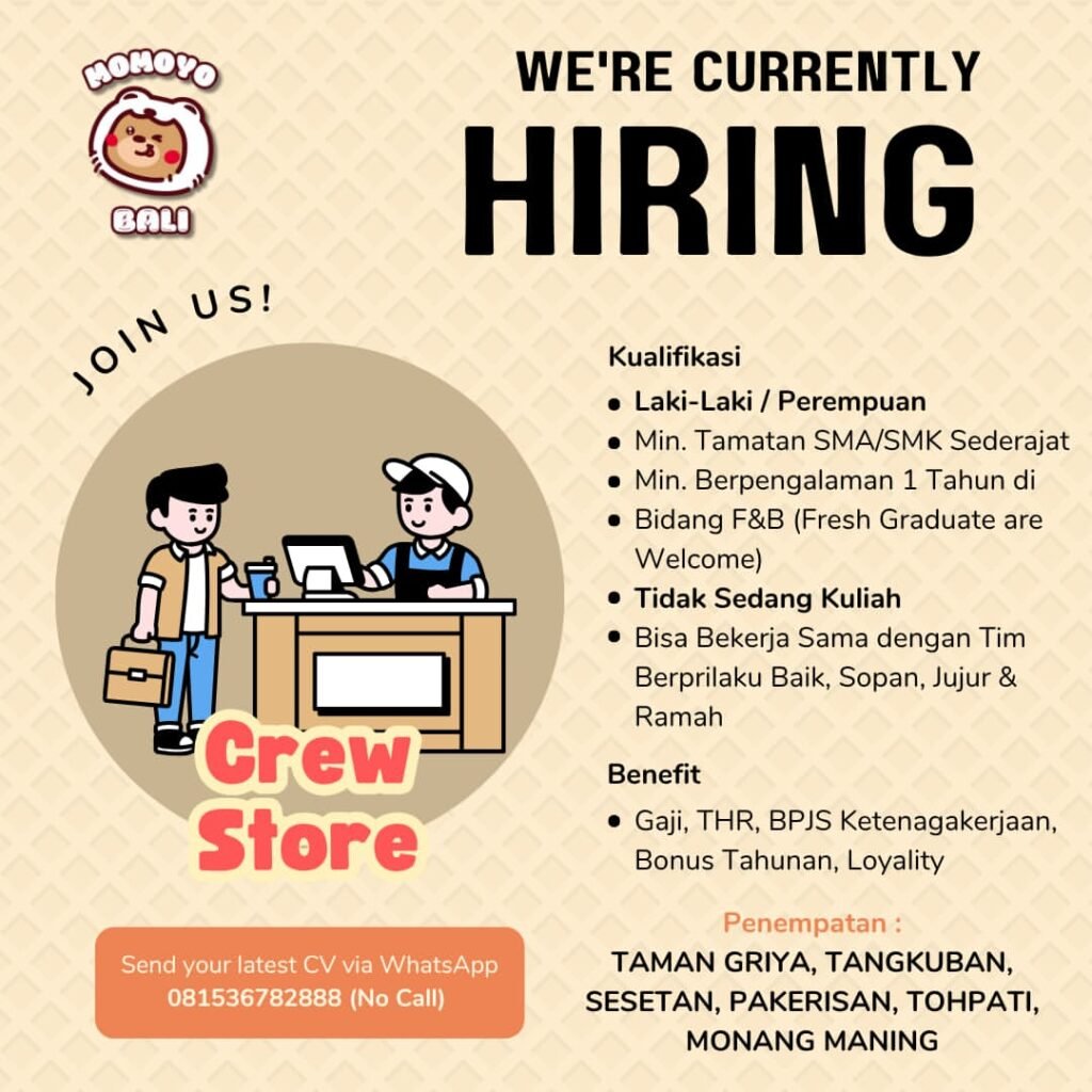 Lowongan Pekerjaan Crew Store & Baker Roti di MOMOYO Bali