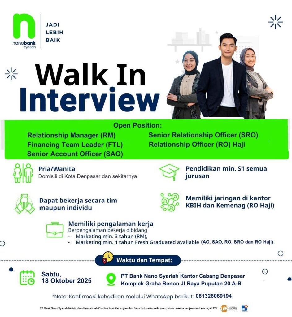 Lowongan Pekerjaan Bank Nano Syariah Denpasar