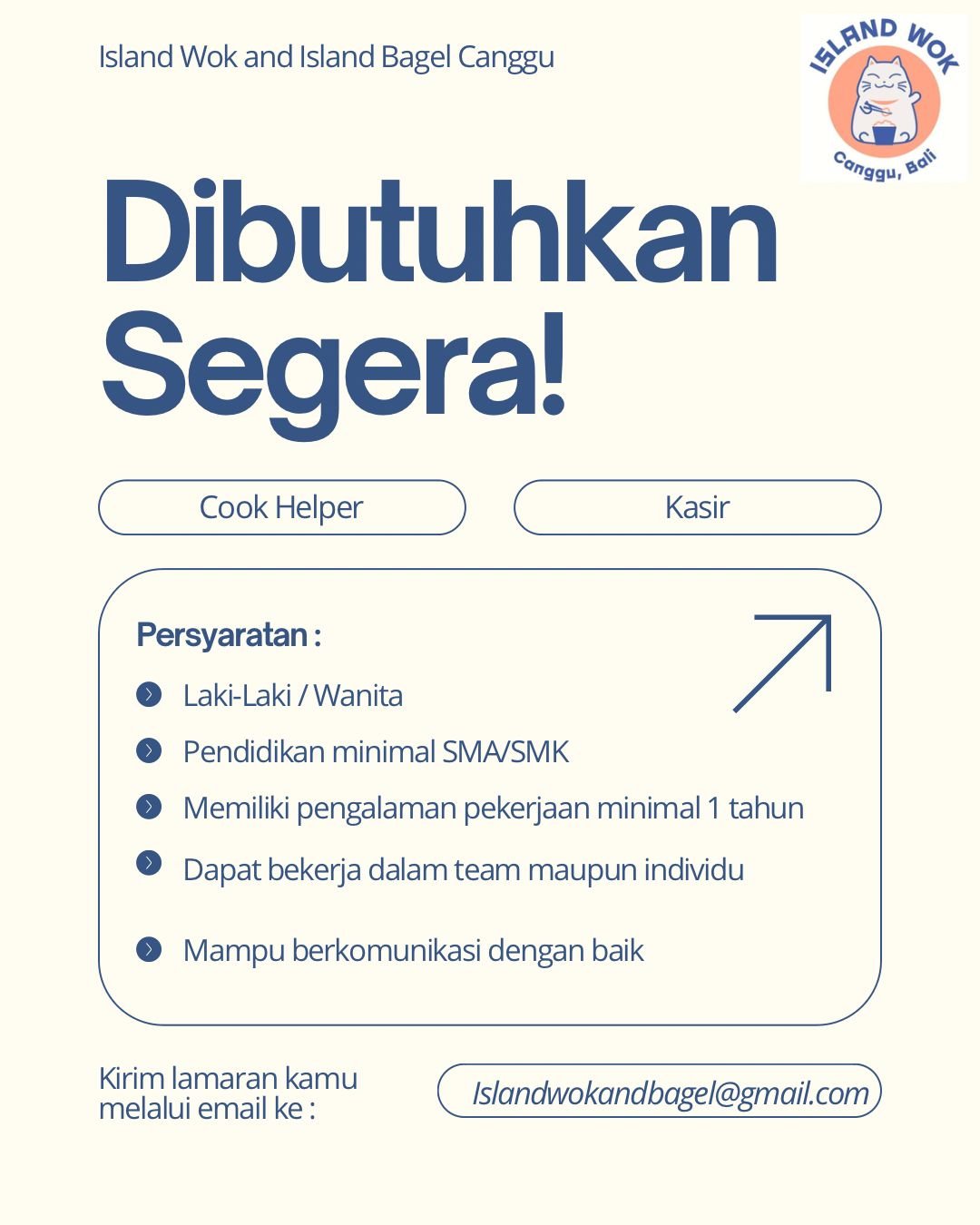 Lowongan Pekerjaan Cook Helper & Kasir di Island Wok Canggu