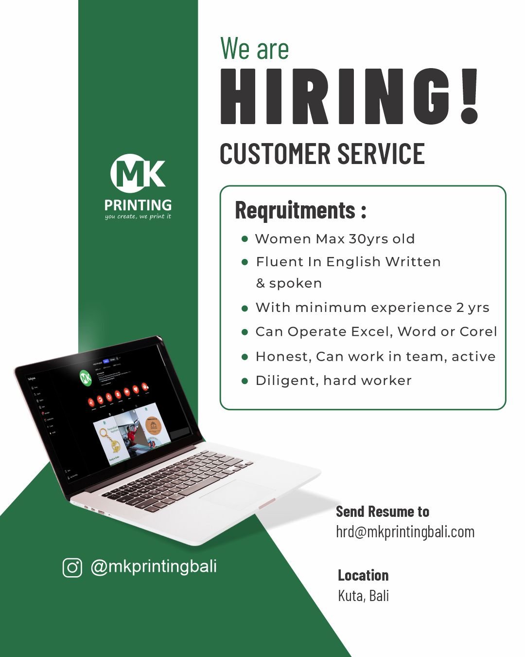 Lowongan Admin Accounting & Customer Service MK Printing Kuta
